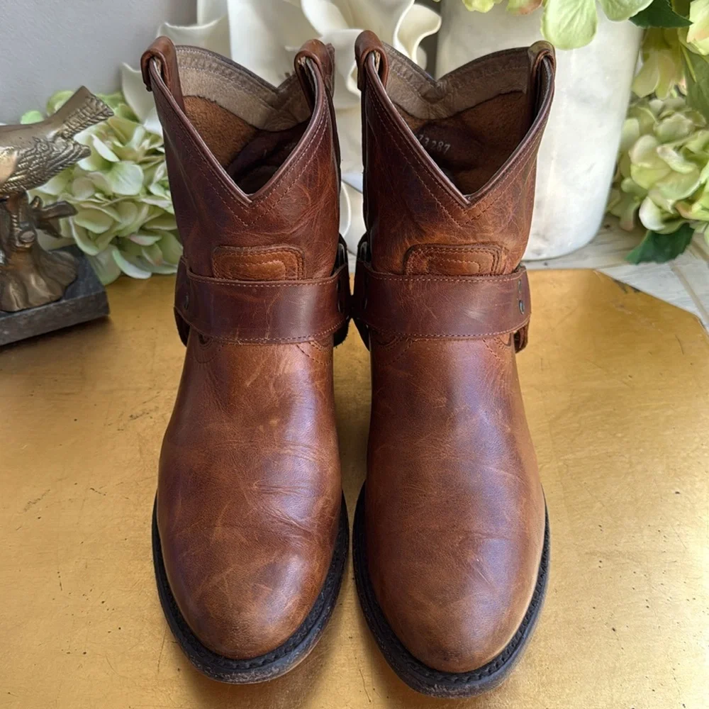 Frye Wyatt Harness Distressed Short Boot in Cognac Leather